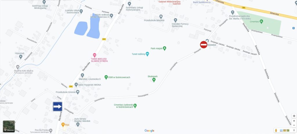 Grafika przedstawiająca cześć mapy miasta Sośnicowice z zaznaczonym miejscem zamknięcia ul. Gimnazjalnej